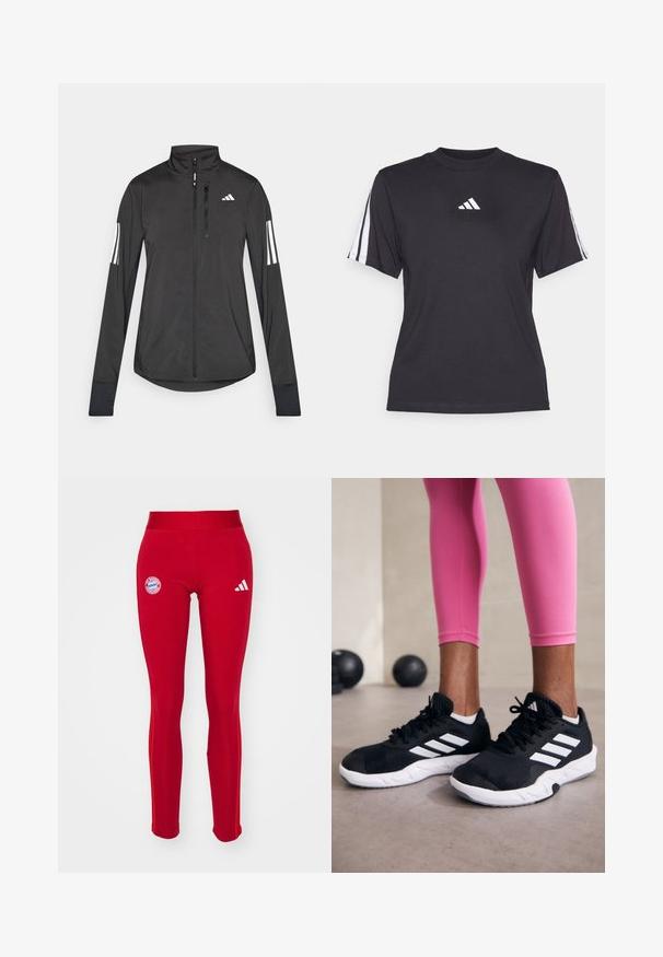 Jachetă sport neagră din material ușor. Are un fermoar frontal, guler înalt și trei dungi albe pe fiecare manșon.; Tricou athletic negru, fabricat dintr-un material moale, cu guler rotund, mâneci scurte și trei dungi albe pe fiecare umăr. Logo alb pe piept.; adidas Performance FC BAYERN M�NCHEN WMN TIGHT - Echipament cluburi fotbal - team power red; Adidași negri cu dungi albe, suprafață din plasă texturată și talpă albă. Purtați cu colanți roz, evidențiind îmbrăcămintea sport.