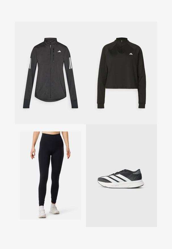 Sort atletisk jakke lavet af let materiale. Har en frontlynlås, høj krave og tre hvide striber på hver ærme.; Sort quarter-zip trøje lavet af glat stof med lange ærmer, med en høj krave og et hvidt logo på venstre bryst.; Sorte leggings med høj talje, lavet af et glat, strækbart materiale. Har et tætsiddende design og flade sømme, velegnet til sportstøj.; Sort atletisk sko med hvide striber, mesh-overdel, polstret sål og et strømlinet design. Grå accenter på hælen og tungen.