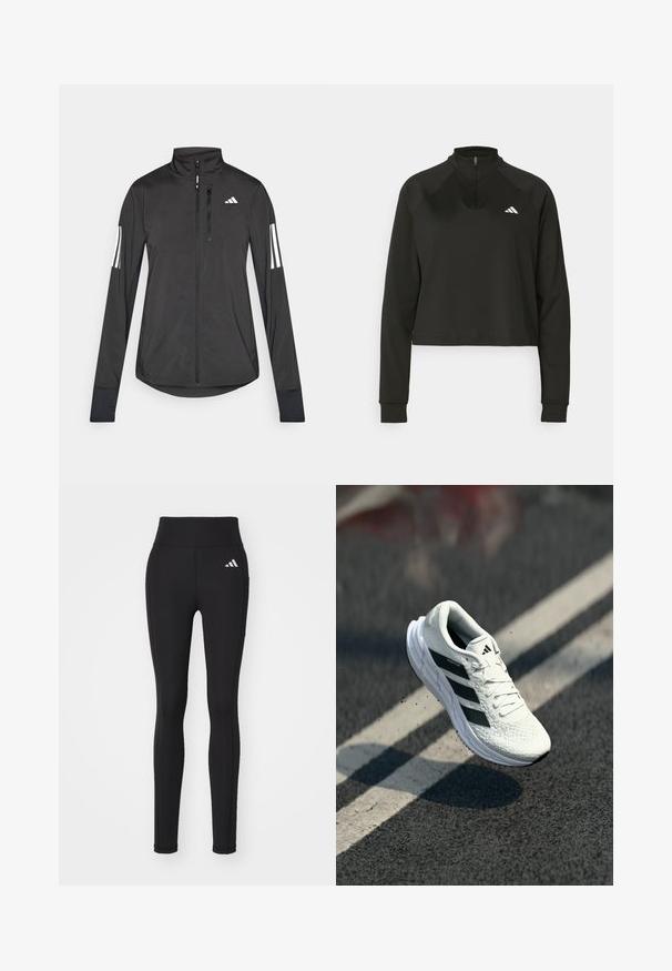 Black athletic jacket made of lightweight material. Features a front zipper, high collar, and three white stripes on each sleeve.; Black quarter-zip pullover made of smooth fabric with long sleeves, featuring a high collar and a white logo on the left chest.; Black athletic leggings with a high waistband, made of stretchy fabric. Features a white logo on the hip and solid color throughout.; White running shoe with textured upper, black three-stripe design, padded collar, and light sole, positioned mid-air over a road surface.