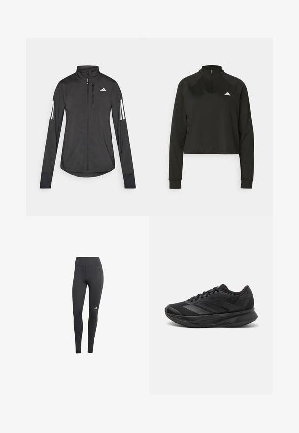 Svart idrottsjacka i lätt material. Har en framzipper, hög krage och tre vita ränder på varje ärm.; Svart kvartdragspullover gjord av slät tyg med långa ärmar, med en hög krage och en vit logotyp på vänster bröst.; Svarta sporttights med hög midja, som har en sidoficka och en vit logotyp på nedre vänstra benet. Materialet verkar vara andningsbart.; Svart löparskor med ett andningsbart mesh-övre, rund tå, elegant design, texturerade accenter och en dämpad sula för komfort.
