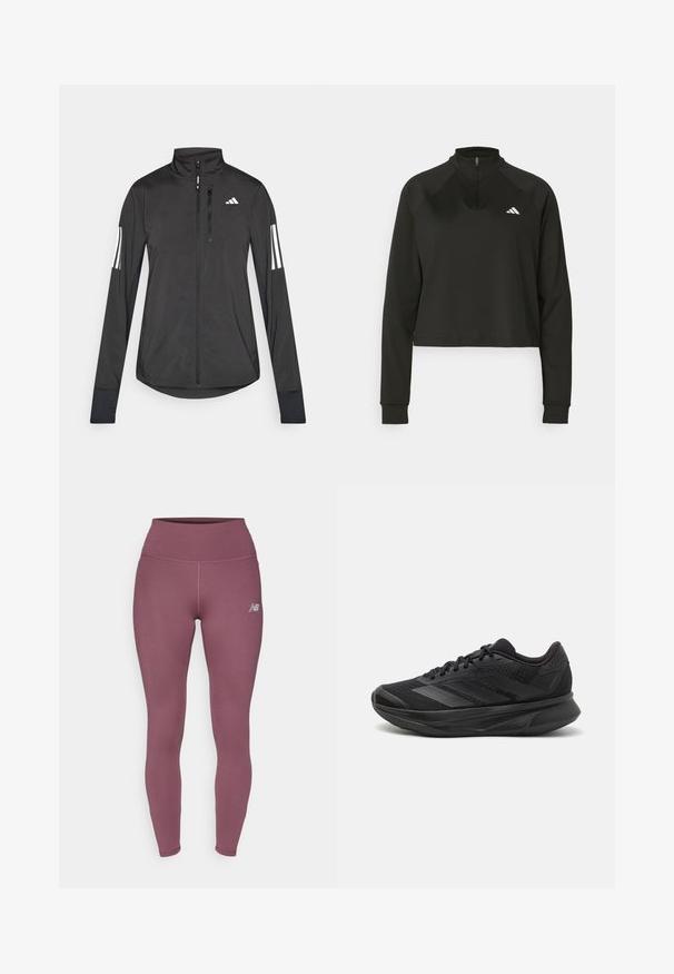 Black athletic jacket made of lightweight material. Features a front zipper, high collar, and three white stripes on each sleeve.; Black quarter-zip pullover made of smooth fabric with long sleeves, featuring a high collar and a white logo on the left chest.; Purple leggings made of stretch material, featuring a high waistband and a small logo on the lower leg. Smooth texture and fitted design.; Black running shoe with a breathable mesh upper, rounded toe, sleek design, textured accents, and a cushioned sole for comfort.
