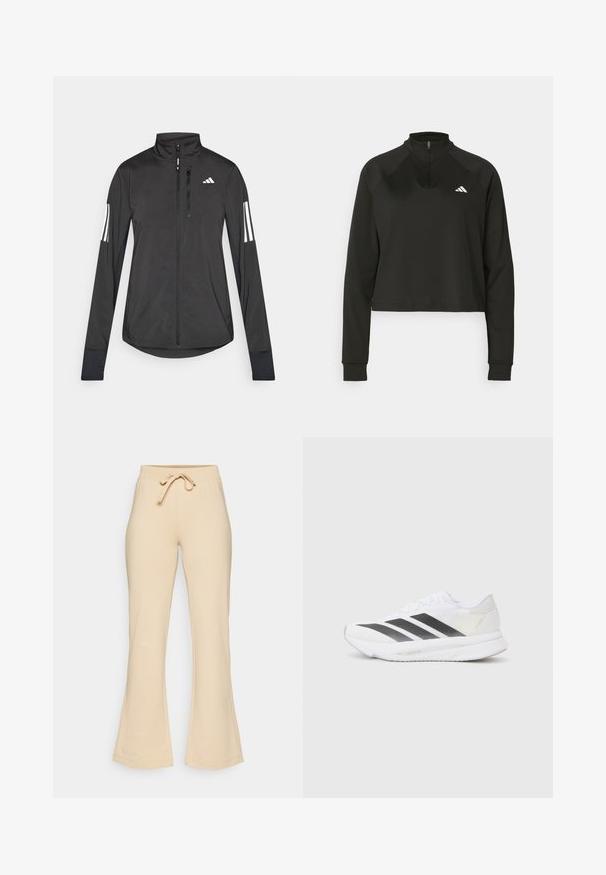 Čierna športová bunda vyrobená z ľahkého materiálu. Má zips vpredu, vysoký golier a tri biele pruhy na každom rukáve.; Čierny pulóver s krátkym zipsom, vyrobený z hladkého materiálu, dlhé rukávy, s vysokým golierom a bielym logom na ľavej hrudi.; Bežové rozšírené tepláky s nastaviteľným pásom, vyrobené z jemného materiálu, so hladkou textúrou a minimálnymi švami.; Biele športové topánky s čiernymi diagonálnymi pruhmi, sieťovinovým zvrškom, zaoblenou špičkou a textúrovanou podrážkou. Akcenty zahŕňajú striebornú pätu a minimalistický dizajn.