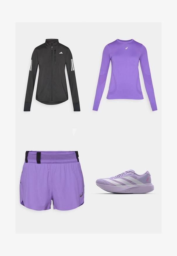 Jachetă sport neagră din material ușor. Are un fermoar frontal, guler înalt și trei dungi albe pe fiecare manșon.; Tricou sportiv cu mânecă lungă din stofă violet deschis, având un design ajustat, gât rotund și o textură subtilă, cu detalii ale logo-ului pe piept.; ASICS METARUN SPLIT SHORT - Pantaloni scurți sport - edo purple; Schi de alergare violete deschis, cu un superior din plasă, design cu trei dungi albe, finisaj texturat și o talpă intermediară groasă etichetată "LIGHTSTRIKE PRO."