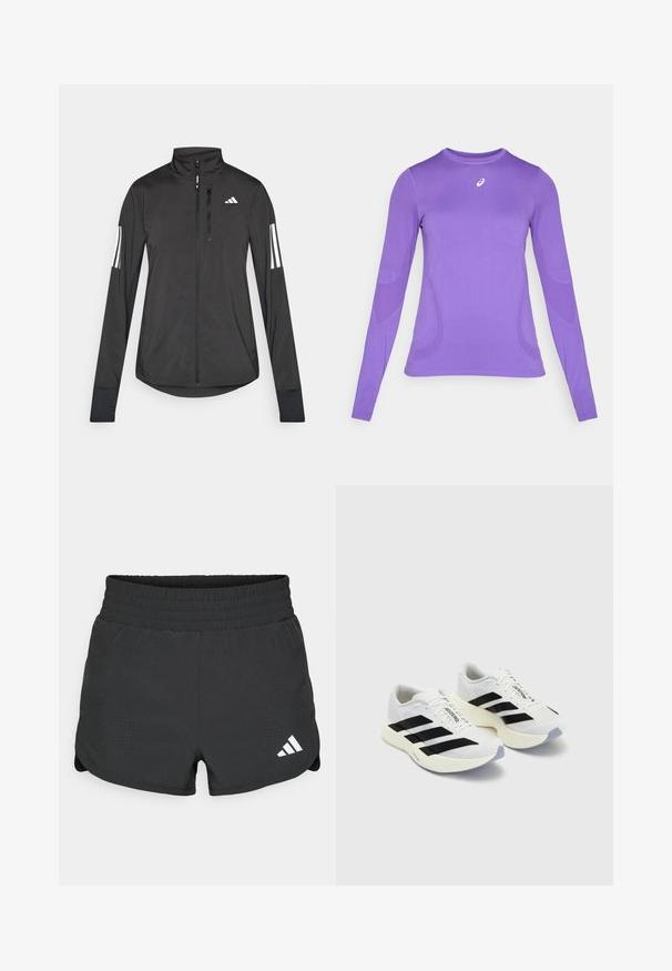 Must mustriga mustrin, millel on esiküljel lukuga, kõrge krae ja igal varrukal kolm valget triipu.; Hea kuni varrukatega sportlik topp helesinises kangas, millel on keha külge sobiv disain, ümmargune kaelus ja peen tekstuur koos logo detailiga rinnal.; Mustavad sportlikud lühikesed püksid veniva vöökohtaga, millel on perforeeritud detailid ja valge Adidas logo alumisel vasakul küljel.; Valged spordijalatsid mustade triipude ja brändingu ning võrkkattega ülemise osa, ümarate näppudega ja paksu kreemika tallaga, mis tagab pehmenduse.