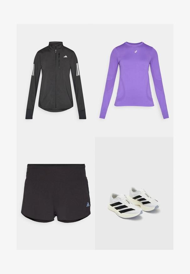 Svart idrottsjacka i lätt material. Har en framzipper, hög krage och tre vita ränder på varje ärm.; Långärmad träningsöverdel i ljuslila tyg, med en åtsittande design, rund halsringning och subtil textur med logotypdetalj på bröstet.; Svarta träningsshorts med en texturerad yta, med en bred midja och en Adidas-logotyp i ljusblått på nedre vänstra sidan.; Vita idrottsskor i vitt med svarta ränder och logotyp, med ett mesh-överdrag, rund tå och tjock sål i krämfärg för dämpning.