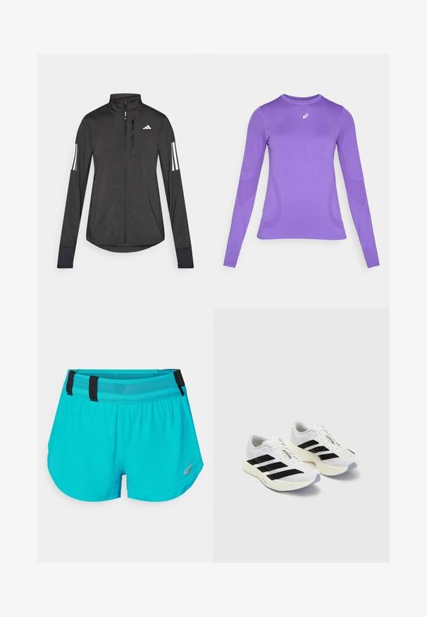 Schwarze Sportjacke aus leichtem Material. Mit einem Frontreißverschluss, hohem Kragen und drei weißen Streifen an jedem Ärmel.; Langärmliges Sportoberteil aus leicht lila Stoff, mit einer figurbetonten Passform, rundem Halsausschnitt und subtiler Textur sowie Logodetail auf der Brust.; ASICS METARUN SPLIT SHORT - Kurze Sporthose - wave teal; Weiße Sportschuhe mit schwarzen Streifen und Branding, ausgestattet mit einem oberen Mesh, abgerundeter Zehenpartie und dicke cremefarbene Sohle für Dämpfung.