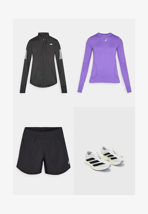 Veste de sport noire en matériau léger. Dotée d'une fermeture éclair sur le devant, d'un col haut et de trois rayures blanches sur chaque manche.; Haut de sport à manches longues en tissu violet clair, présentant un design ajusté, un col rond et une texture subtile avec un détail de logo sur la poitrine.; Shorts de sport noirs avec une ceinture élastique, texture lisse et fentes latérales discrètes. Présente un petit logo blanc en bas à droite.; Baskets de sport blanches avec des rayures noires et un logo, dotées d'une tige en mesh, d'un bout arrondi et d'une semelle épaisse crème pour un meilleur amorti.