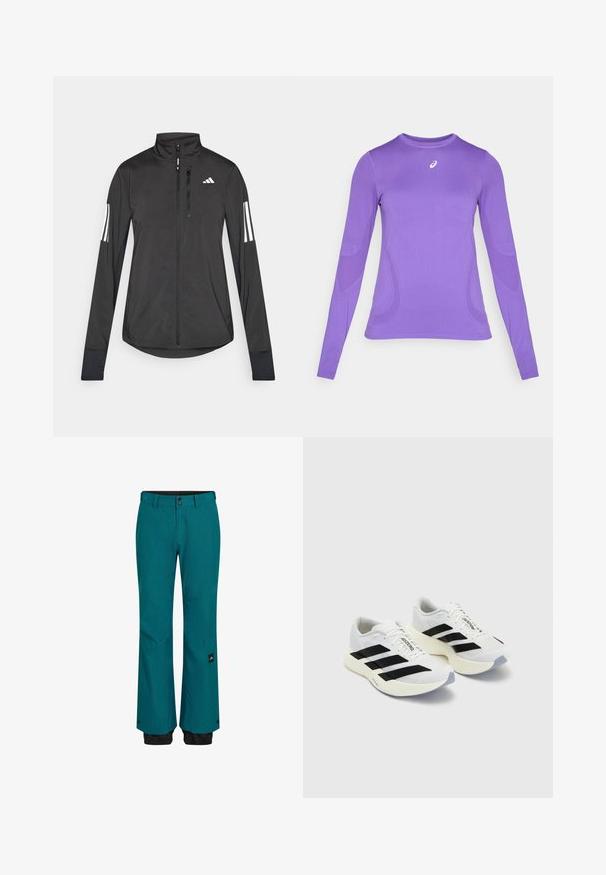 Sort atletisk jakke lavet af let materiale. Har en frontlynlås, høj krave og tre hvide striber på hver ærme.; Langærmet træningstrøje i lyse lilla stof, med en tætsiddende pasform, rund hals og subtil struktur med logo detaljer på brystet.; Teal skibukser med en afslappet pasform, der har en sort talje og nederste manchetter. Materialet er holdbart med en subtil tekstur og en side-logo-patch.; Hvide sportsko med sorte striber og branding, med en mesh-overdel, afrundet tå og tyk cremefarvet sål til polstring.