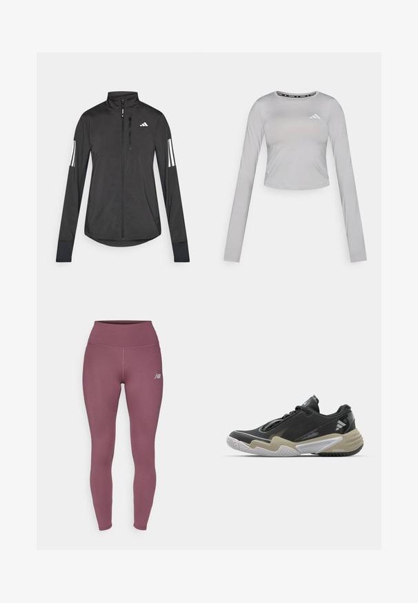 Čierna športová bunda vyrobená z ľahkého materiálu. Má zips vpredu, vysoký golier a tri biele pruhy na každom rukáve.; Sivý crop top s dlhými rukávmi vyrobený z hladkej látky, s okrúhlym výstrihom a jemným logom na ľavej strane hrudníka.; Fialové legíny vyrobené z elastického materiálu, s vysokým pásom a malým logom na spodnej časti nohavice. Hladká Textúra a priliehavý strih.; Čierna a béžová športová obuv s textúrovaným vrchom, výrazným dizajnom podrážky, reflexnými akcentmi a systémom šnurovania. Ľahká konštrukcia.