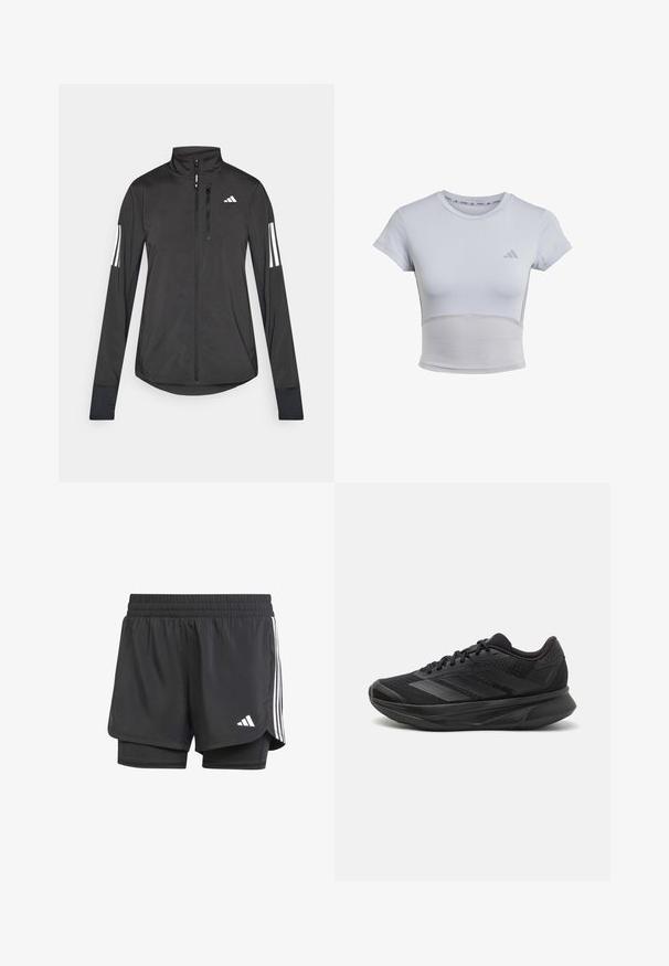 Zwarte sportjack gemaakt van lichtgewicht materiaal. Voorzien van een ritssluiting aan de voorkant, hoge kraag en drie witte strepen op elke mouw.; adidas Performance Sport T-shirt - halo silver grey; Zwarte sportshorts met binnenste laag, elastische tailleband en witte drie strepen aan de zijkanten, met een klein wit logo. Glad textuur.; Zwarte hardloopschoen met een ademende mesh bovenkant, ronde neus, slank ontwerp, textuuraccenten en een gevoerde zool voor comfort.