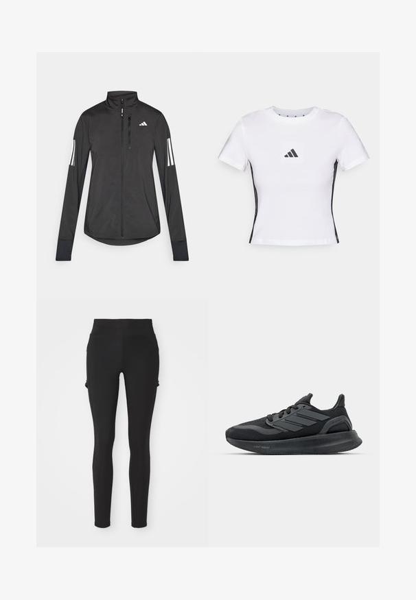 Veste de sport noire en matériau léger. Dotée d'une fermeture éclair sur le devant, d'un col haut et de trois rayures blanches sur chaque manche.; T-shirt blanc à manches courtes en coton, avec un logo Adidas noir dans un patch carré et des accents latéraux noirs. Col rond classique.; Leggings noirs à taille haute, fabriqués en matière extensible. Présentent une texture lisse et des poches latérales pour plus de fonctionnalité.; Chaussures de sport noires avec un dessus en maille, des panneaux texturés, un détail de trois bandes, et une semelle courbée étiquetée "LIGHT BOOST".