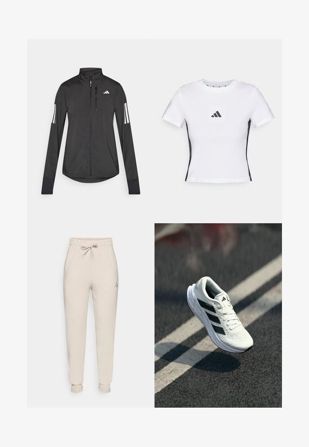 Svart idrottsjacka i lätt material. Har en framzipper, hög krage och tre vita ränder på varje ärm.; Vit t-shirt med kort ärm i bomull, med en svart Adidas-logotyp i en fyrkantig patch och svarta sidodetaljer. Klassisk rund halsringning.; Beige mjukisbyxor med elastisk midja, snodd och avsmalnande muddar. Har en liten lila adidas-logotyp på vänster lår. Mjuk tyg.; Vit löparsko med texturerad ovandel, svart tre-stripes design, vadderad krage och lätt sula, placerad i luften över en väg.