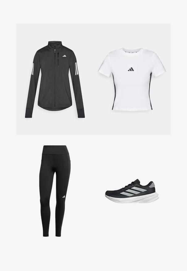Czarna sportowa kurtka wykonana z lekkiego materiału. Posiada zamek błyskawiczny z przodu, wysoki kołnierz oraz trzy białe paski na każdym rękawie.; Biała koszulka z krótkim rękawem wykonana z bawełny, z czarnym logo Adidasa na kwadratowej naszywce i czarnymi akcentami po bokach. Klasyczny okrągły dekolt.; Czarne legginsy sportowe z wysokim stanem, wykonane z elastycznego materiału; posiadają boczną kieszeń i małe białe logo blisko dołu.; Czarny but biegowy z siateczkowym wierzchem, trzema srebrnymi paskami, białą podeszwą środkową i teksturowaną podeszwą zewnętrzną. Posiada wyściełany kołnierz i zapięcie na sznurówki.