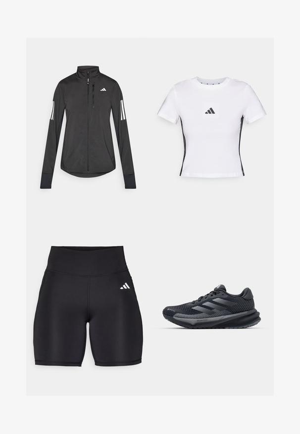 Sort atletisk jakke lavet af let materiale. Har en frontlynlås, høj krave og tre hvide striber på hver ærme.; Hvid t-shirt med korte ærmer lavet af bomuld, der har et sort Adidas-logo i et firkantet patch og sorte sideaccenter. Klassisk rund halsudskæring.; Sorte atletiske shorts lavet af strækbart stof, med en høj talje, en glat tekstur og et hvidt tre-stribe logo på siden.; Sort sportsko med en struktureret mesh-overdel, refleksaccenter, polstret sål og et strømlinet design. Har tre-stribe logo.