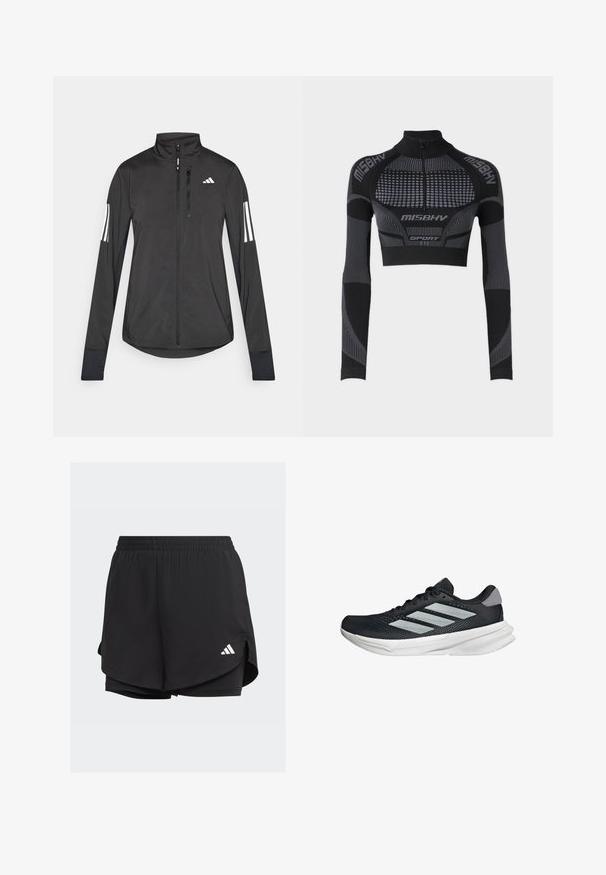 Black athletic jacket made of lightweight material. Features a front zipper, high collar, and three white stripes on each sleeve.; Black cropped athletic top with long sleeves, high collar, half-zipper, textured panels, and contrasting gray lines and accents.; Black athletic shorts with an elastic waistband, layered design, inner fitted shorts, and a white logo on the lower left side.; Black running shoe with mesh upper, three silver stripes, white midsole, and textured outsole. Features padded collar and lace closure.