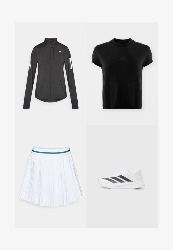 Černá atletická bunda vyrobená z lehkého materiálu. Má přední zip, vysoký límec a tři bílé pruhy na každém rukávu.; Černé tričko s krátkým rukávem vyrobené z hladké tkaniny. Má kulatý výstřih a vystouplé logo Adidas na přední straně.; Bílá skládací sukně s pevným zeleným elastickým pasem. Obsahuje ostré, rovnoměrně rozložené záhyby, které vytvářejí lehkou, vzdušnou texturu.; Bílé sportovní tenisky s černými diagonálními pruhy, síťovaným svrškem, zaoblenou špičkou a texturovanou podrážkou. Zajímavosti zahrnují stříbrnou patu a minimalistický design.