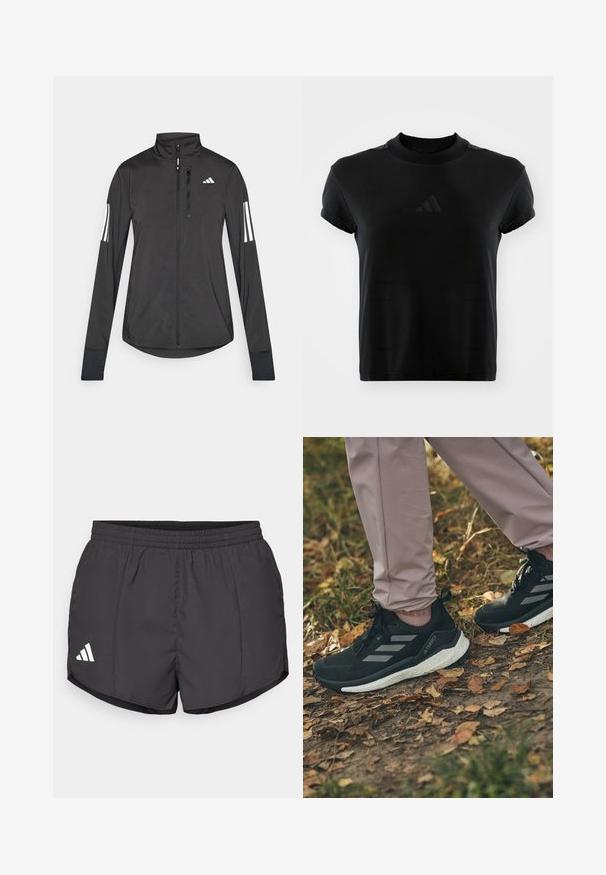 Black athletic jacket made of lightweight material. Features a front zipper, high collar, and three white stripes on each sleeve.; Black short-sleeve t-shirt made of smooth fabric. Features a round neckline and an embossed Adidas logo on the front.; Black athletic shorts made of lightweight fabric, featuring an elastic waistband and a white Adidas logo on the lower left side.; Black athletic shoes with light gray stripes, featuring a textured upper, white cushioning sole, worn with light pink pants, on a leaf-covered ground.