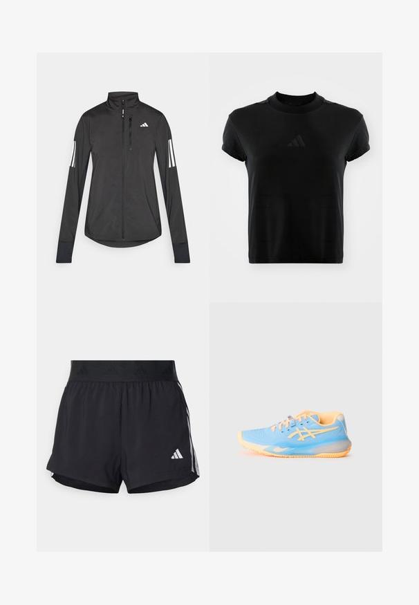 Czarna sportowa kurtka wykonana z lekkiego materiału. Posiada zamek błyskawiczny z przodu, wysoki kołnierz oraz trzy białe paski na każdym rękawie.; Czarna koszulka z krótkim rękawem wykonana z gładkiego materiału. Posiada okrągły dekolt oraz wytłoczone logo Adidas z przodu.; Czarne sportowe szorty z elastycznym paskiem w talii, z teksturowanym pasem, bocznymi paskami oraz białym logo Adidas na dolnym brzegu.; Jasnoniebieski but sportowy z pomarańczowymi akcentami; siateczkowa cholewka, okrągły czubek i teksturowana podeszwa zapewniająca przyczepność. Posiada markowe detale i sznurówki.