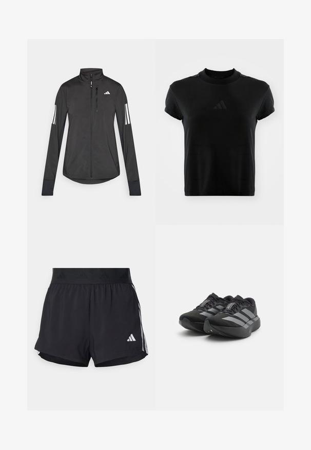 Jachetă sport neagră din material ușor. Are un fermoar frontal, guler înalt și trei dungi albe pe fiecare manșon.; Tricou negru cu mânecă scurtă, realizat dintr-un material neted. Are un decolteu rotund și un logo Adidas embosat pe față.; Shorts de atletism negri cu un brâu elastic, având o bandă texturată, dungi laterale și un logo alb Adidas pe tivul de jos.; O pereche de pantofi de alergare Adidas Adizero negri cu dungi gri, talpă groasă și șireturi, pe un fundal alb.