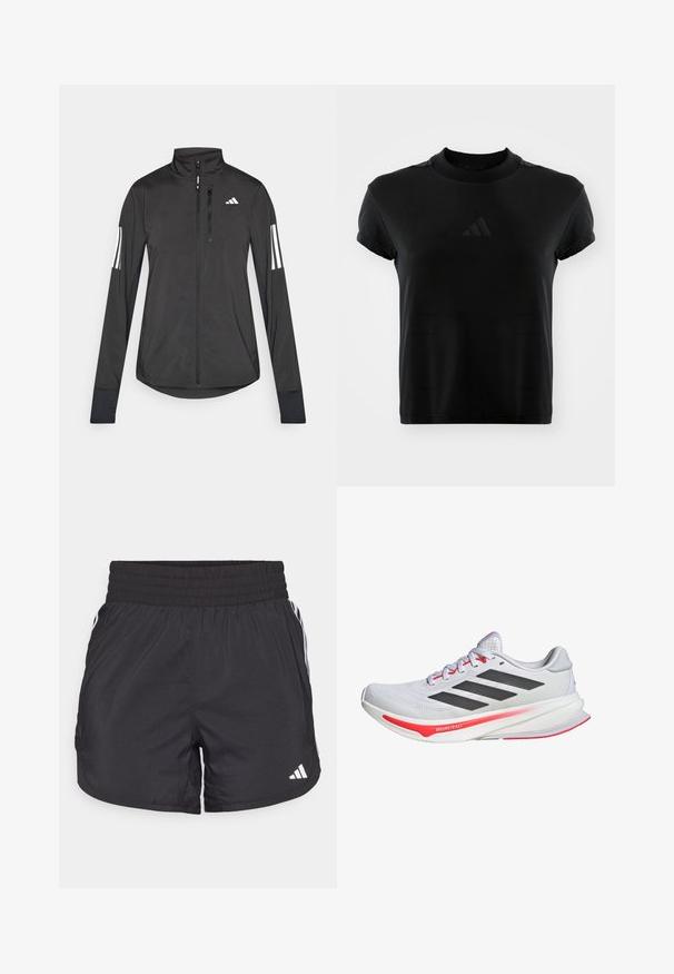 Černá atletická bunda vyrobená z lehkého materiálu. Má přední zip, vysoký límec a tři bílé pruhy na každém rukávu.; Černé tričko s krátkým rukávem vyrobené z hladké tkaniny. Má kulatý výstřih a vystouplé logo Adidas na přední straně.; Černé sportovní šortky s elastickým pasem, bočními kapsami a bílými pruhy po stranách. Vyrobené z lehkého materiálu.; Bílé sportovní boty s černými akcenty a červenými detaily. Mají síťovaný svršek, polstrovaný límec a strukturovanou podrážku pro lepší přilnavost.