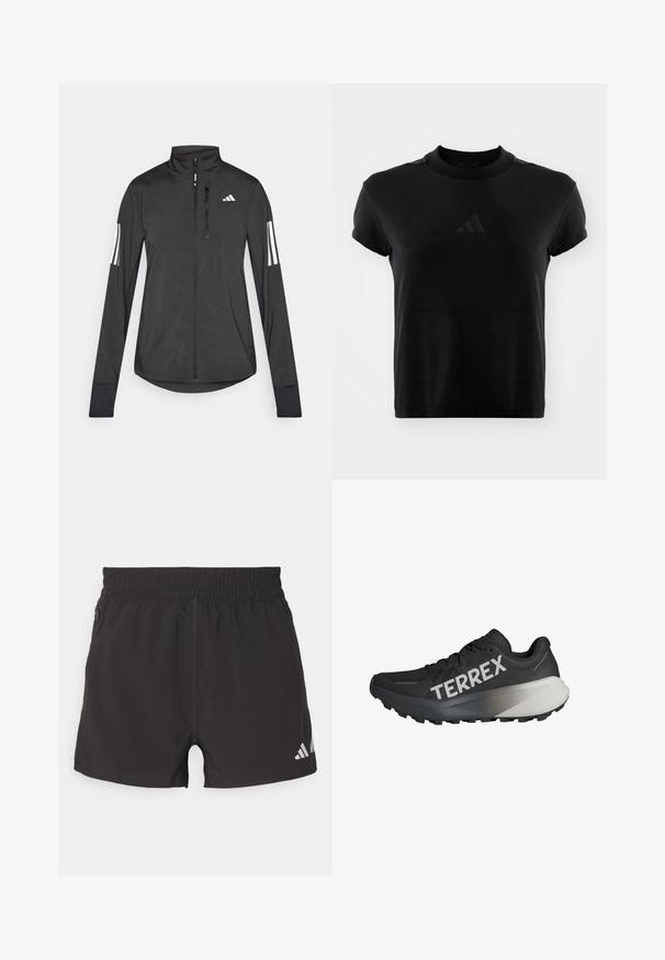 Fekete sportos dzseki könnyű anyagból. Elöl cipzárral, magas gallérral és minden ujjon három fehér csíkkal rendelkezik.; Fekete, rövid ujjú póló sima anyagból. Kerek nyakú, az elején dombornyomott Adidas logóval.; Fekete sportnadrág, könnyű anyagból készült. Rugalmas derékrésszel, oldalsó cipzáros zsebbel és fényvisszaverő logóval rendelkezik az alján.; Fekete futócipő texturált felsőrésszel, kiemelkedő fehér "TERREX" logóval, kúpos talpformával és szürke árnyalatú akcentussal a sarokon.