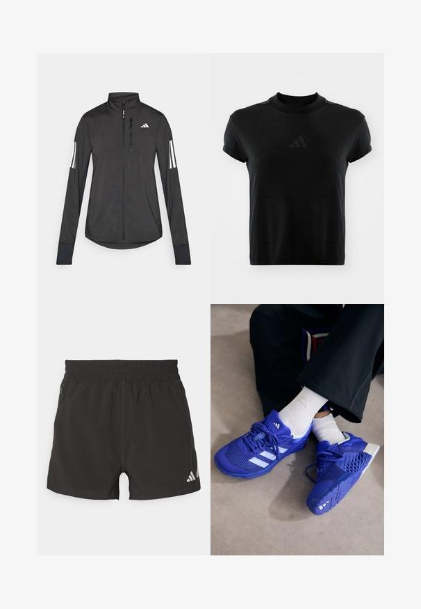 Czarna sportowa kurtka wykonana z lekkiego materiału. Posiada zamek błyskawiczny z przodu, wysoki kołnierz oraz trzy białe paski na każdym rękawie.; Czarna koszulka z krótkim rękawem wykonana z gładkiego materiału. Posiada okrągły dekolt oraz wytłoczone logo Adidas z przodu.; Czarne sportowe szorty wykonane z lekkiego materiału. Posiadają elastyczny pasek w talii, boczną kieszeń na zamek błyskawiczny oraz odblaskowe logo na dolnym brzegu.; Królestwo niebieskie buty sportowe z białymi akcentami; siateczkowa cholewka, teksturowane boki, gruba gumowa podeszwa i szczegółowy system sznurowania.