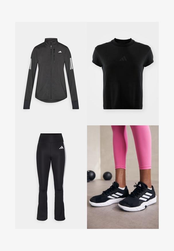 Černá atletická bunda vyrobená z lehkého materiálu. Má přední zip, vysoký límec a tři bílé pruhy na každém rukávu.; Černé tričko s krátkým rukávem vyrobené z hladké tkaniny. Má kulatý výstřih a vystouplé logo Adidas na přední straně.; Černé sportovní kalhoty s vysokým pasem, rozšířeným střihem nohavic a bílými postranními pruhy. Na levém stehně se nachází logo Adidas.; Černé sportovní boty s bílými pruhy, texturovaný síťovinový svršek a bílá podrážka. Nosené s růžovými legínami, které předvádějí tréninkové oblečení.