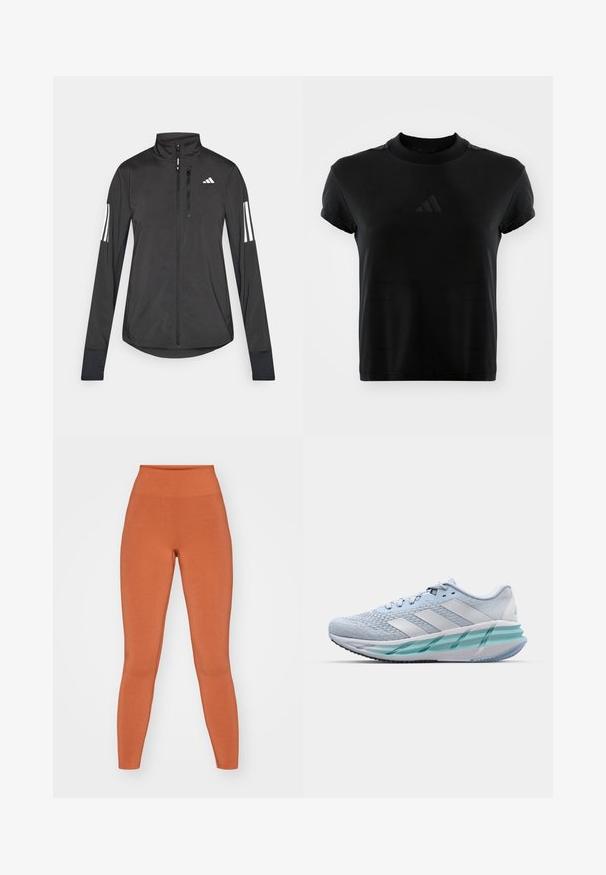 Musta urheilutakki, joka on valmistettu kevyestä materiaalista. Ominaisuuksiin kuuluu etuvetoketju, korkea kaulus ja kolme valkoista raitaa joka hihassa.; Mustahiidut musta t-särk lühikeste varrukatega, mis on valmistatud siledast kangast. Omab ümmargust kaelust ja esiküljel on reljeefne Adidas'i logo.; Oranssit korkeavyötäröiset leggingsit, jotka on valmistettu pehmeästä ja joustavasta kankaasta. Silkkinen pinta, tiukka malli, saumatonta rakennetta ja nilkkapituisen muotoilu.; Vaaleansiniset urheilukengät, joissa on teksturoitu neulepinta, valkoiset yksityiskohdat ja läpinäkyvä vihreä välipohja. Pyöreä kärki ja pehmustettu nilkka.
