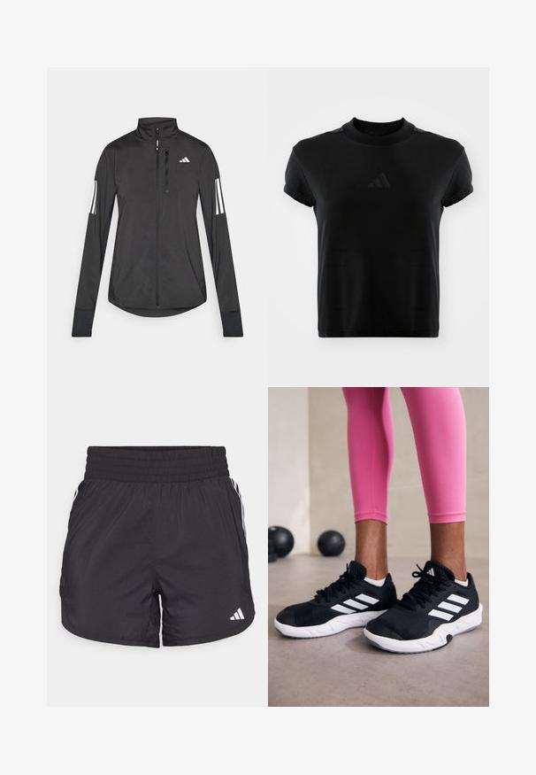 Fekete sportos dzseki könnyű anyagból. Elöl cipzárral, magas gallérral és minden ujjon három fehér csíkkal rendelkezik.; Fekete, rövid ujjú póló sima anyagból. Kerek nyakú, az elején dombornyomott Adidas logóval.; Fekete sportnadrág elasztikus derékkal, oldalsó zsebekkel és fehér csíkkal az oldalán. Könnyű anyagból készült.; Fekete sportcipők fehér csíkokkal, texturált hálós felsőrésszel és fehér talppal. Rózsaszín leggings-szel viselve, bemutatva az edzőruhákat.