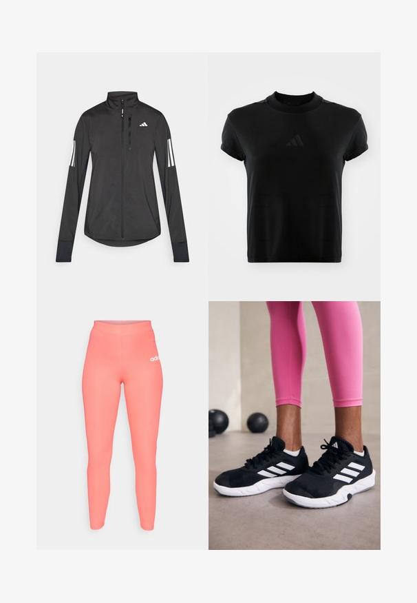 Jaqueta atlética preta feita de material leve. Apresenta um fecho frontal, colarinho alto e três riscas brancas em cada manga.; T-shirt preta de manga curta feita de tecido liso. Apresenta um decote redondo e um logótipo da Adidas em relevo na parte da frente.; Leggings de treino rosa com cintura alta e tecido elástico. Apresenta um pequeno logotipo branco da Adidas no lado esquerdo. Textura suave.; Sapatos de treino pretos com riscas brancas, parte superior em malha texturizada e sola branca. Usados com leggings cor-de-rosa, destacando roupa de treino.