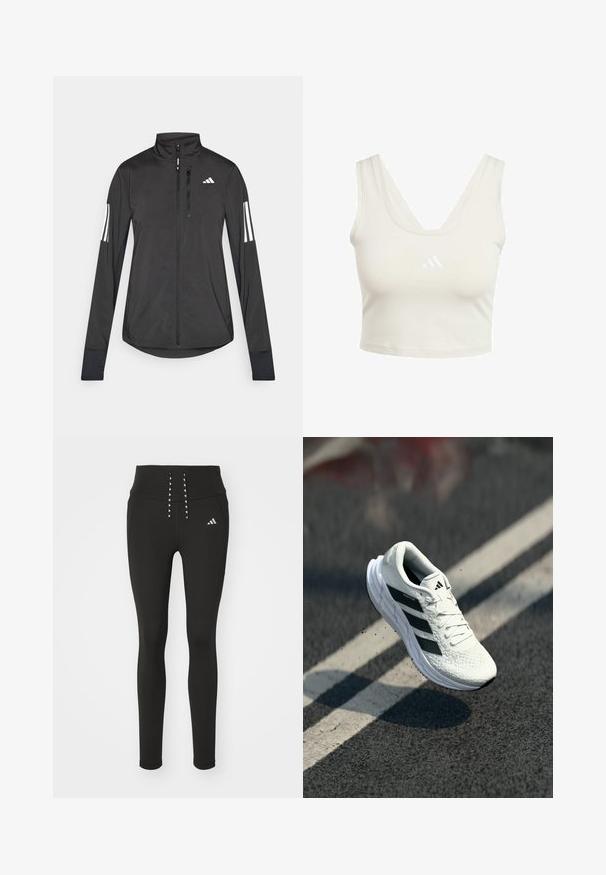 Black athletic jacket made of lightweight material. Features a front zipper, high collar, and three white stripes on each sleeve.; Light beige crop top with a v-neck, made from smooth fabric. Features a small white logo on the chest and wide shoulder straps.; Black athletic leggings with high waistband, featuring stylish lace-up detail and subtle logo on the side. Smooth, stretchy fabric.; White running shoe with textured upper, black three-stripe design, padded collar, and light sole, positioned mid-air over a road surface.