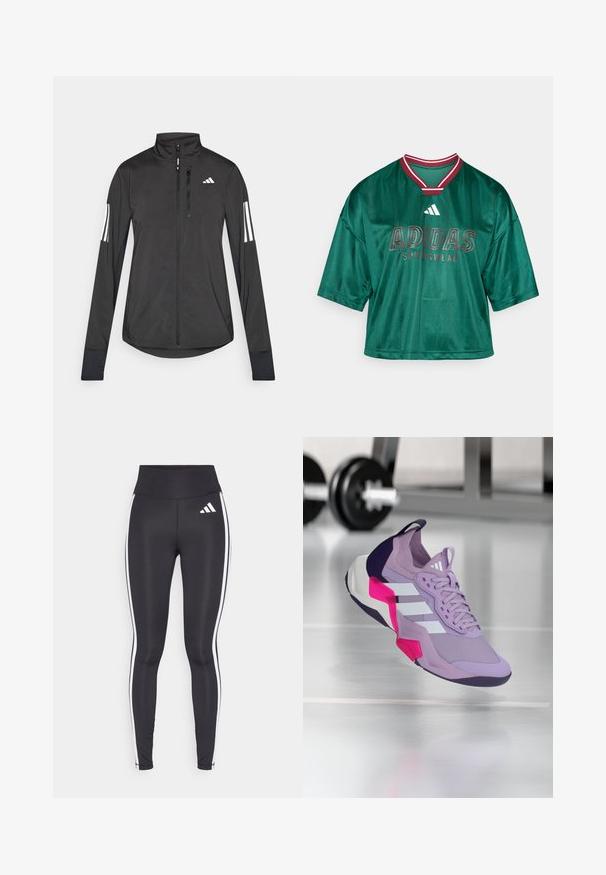 Musta urheilutakki, joka on valmistettu kevyestä materiaalista. Ominaisuuksiin kuuluu etuvetoketju, korkea kaulus ja kolme valkoista raitaa joka hihassa.; adidas Sportswear TIRO - Printtipaita - dark green/collegiate burgundy/white; Mustat legginsit korkealla vyötäröllä, joissa on valkoiset sivusuunnat ja pieni valkoinen logo vasemmassa yläreidessä. Valmistettu sileästä, joustavasta materiaalista.; Violetti urheilujalkine, jossa on verkkoyläosa, valkoiset raidat, vaaleanpunaiset ja mustat yksityiskohdat, pehmustettu nilkkareuna ja teksturoitu pohja, suunniteltu suorituskykyä varten.
