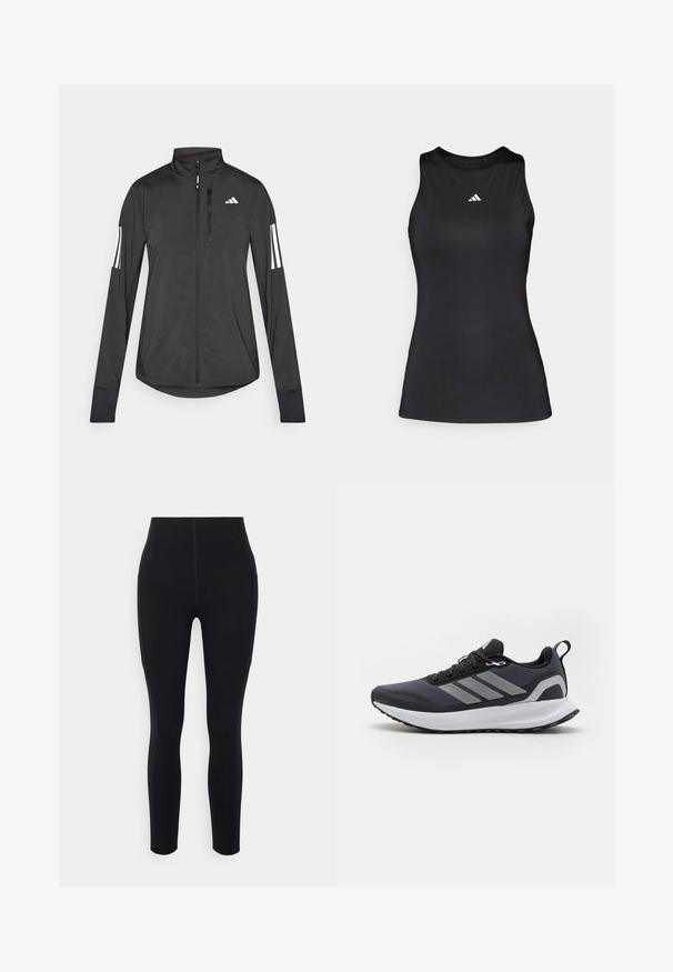 Černá atletická bunda vyrobená z lehkého materiálu. Má přední zip, vysoký límec a tři bílé pruhy na každém rukávu.; Černý bezrukávový sportovní top vyrobený z hladké látky. Má kulatý výstřih a malé bílé logo Adidas na hrudi.; Černé legíny s vysokým pasem vyrobené z elastického materiálu, s bočními kapsami a hladkými švy pro oblíbený a elegantní vzhled.; Černá sportovní bota s prodyšným svrškem, bílou mezipodešví, texturovanou gumovou podešví a třemi šedými pruhy na boku. Obsahuje šňůrky a poutko.