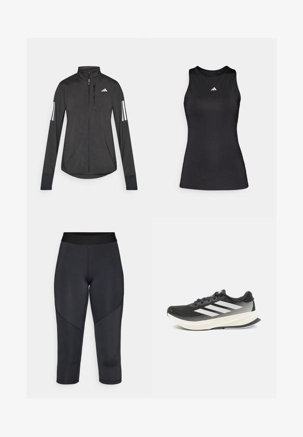 Black athletic jacket made of lightweight material. Features a front zipper, high collar, and three white stripes on each sleeve.; Black sleeveless athletic top made of smooth fabric. Features a round neckline and a small white Adidas logo on the chest.; Black three-quarter length leggings made of stretchy fabric, featuring a smooth texture, high waistband, and curved seam detailing.; Black athletic shoe with mesh upper, white accents, and a thick white midsole. Features laces and a low-profile design.