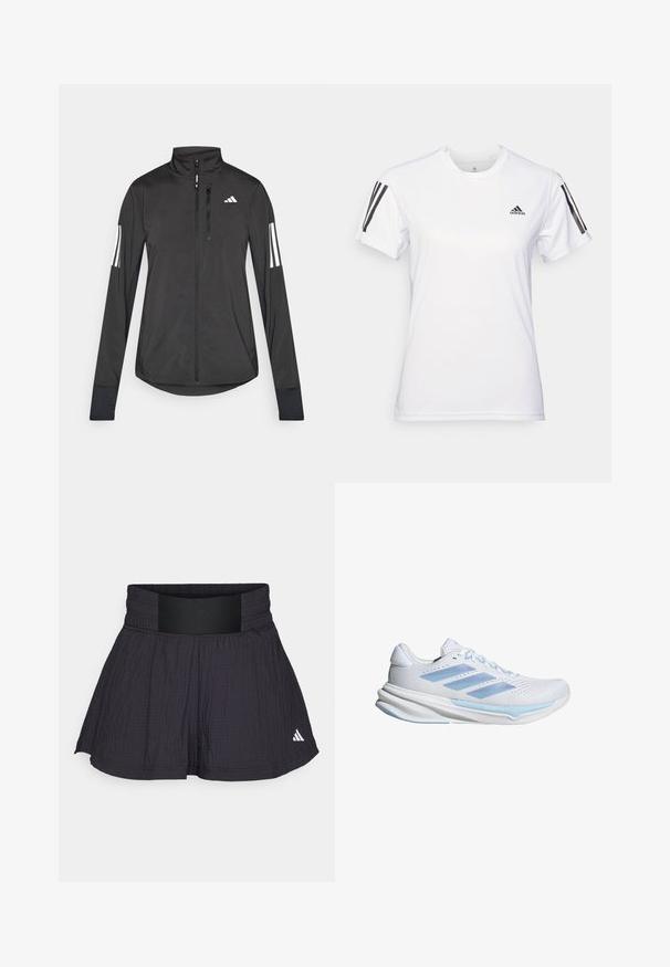 Schwarze Sportjacke aus leichtem Material. Mit einem Frontreißverschluss, hohem Kragen und drei weißen Streifen an jedem Ärmel.; Weißes Sport-T-Shirt aus glattem, leichtem Stoff. Mit schwarzen Drei-Streifen-Akzenten auf den Schultern und einem kleinen schwarzen Logo auf der Brust.; adidas Performance TENNIS PRO AEROREADY SEERSUCKER - Kurze Sporthose - black; Weiße Laufschuhe mit hellblauen Akzenten, atmungsaktives Mesh-Obermaterial, Drei-Streifen-Design, gepolsterte Sohle und strukturierte Traktionslaufsohle.