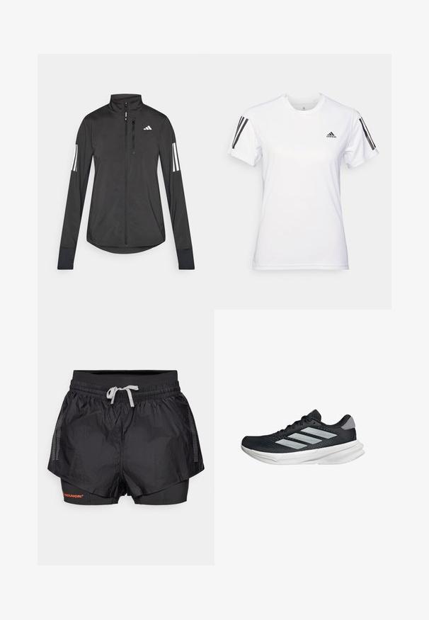 Giacchetto sportivo nero realizzato in materiale leggero. Presenta una chiusura frontale con zip, colletto alto e tre strisce bianche su ciascun manica.; Maglietta sportiva bianca realizzata in un tessuto leggero e liscio. Presenta dettagli neri a tre strisce sulle spalle e un piccolo logo nero sul petto.; Shorts sportivi neri con uno strato esterno testurizzato, pannelli in rete e uno strato interno aderente. Presentano una vita elastica con coulisse.; Scarpa da corsa nera con tomaia in mesh, tre strisce argentate, intersuola bianca e suola testurizzata. Presenta un colletto imbottito e chiusura con lacci.