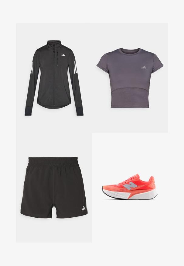 Melnā sporta jaka, izgatavota no viegla materiāla. Tajā ir priekšējais rāvējslēdzis, augsta apkakle un trīs baltas svītras katrā piedurknē.; Īsām piedurknēm, pelēks sportisks īsais tops ar pieguļošu dizainu. Iezīmējas ar teksturētu audumu un smalku logo akcentu uz krūtīm. Gluda auduma virsma.; Melnas sporta šortus, kas izgatavoti no viegla auduma. Iespējas ietver elastīgu jostasvietu, sānu rāvējslēdzēja kabatu un atstarotāju logotipu apakšmalā.; Viegls skriešanas apavi spilgti korallegā ar acu audumu un sudraba logo. Ievērojama teksturēta balta viduspēda un melna gumijas zole.