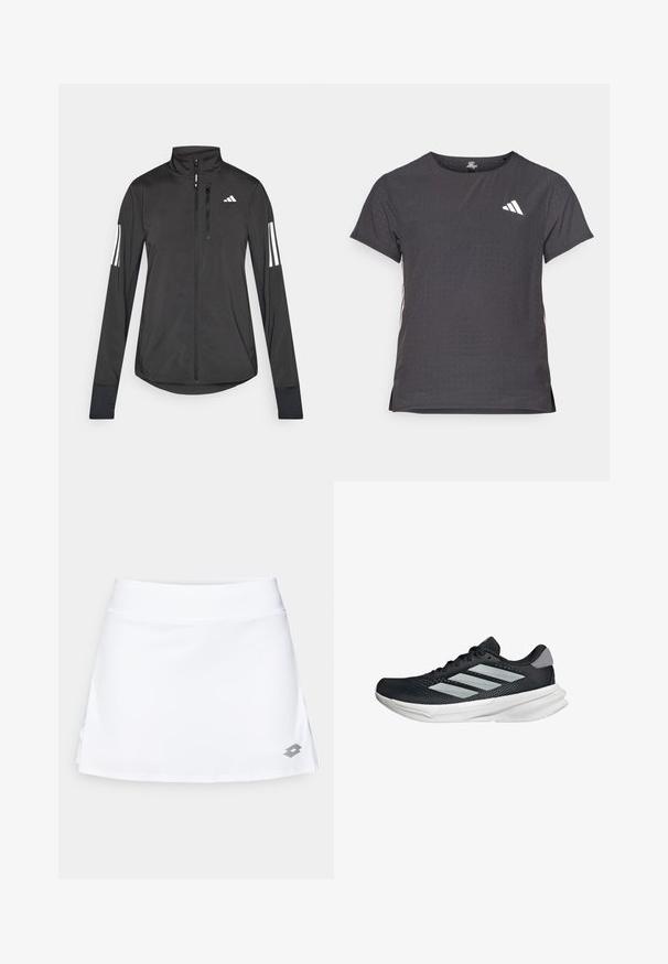 Black athletic jacket made of lightweight material. Features a front zipper, high collar, and three white stripes on each sleeve.; Short-sleeve athletic t-shirt, dark gray with perforated texture. Features a white logo and contrasting side stripes. Rounded neckline.; White athletic skirt made from smooth, stretchy fabric. Features a wide waistband and a small grey logo at the bottom right.; Black running shoe with mesh upper, three silver stripes, white midsole, and textured outsole. Features padded collar and lace closure.