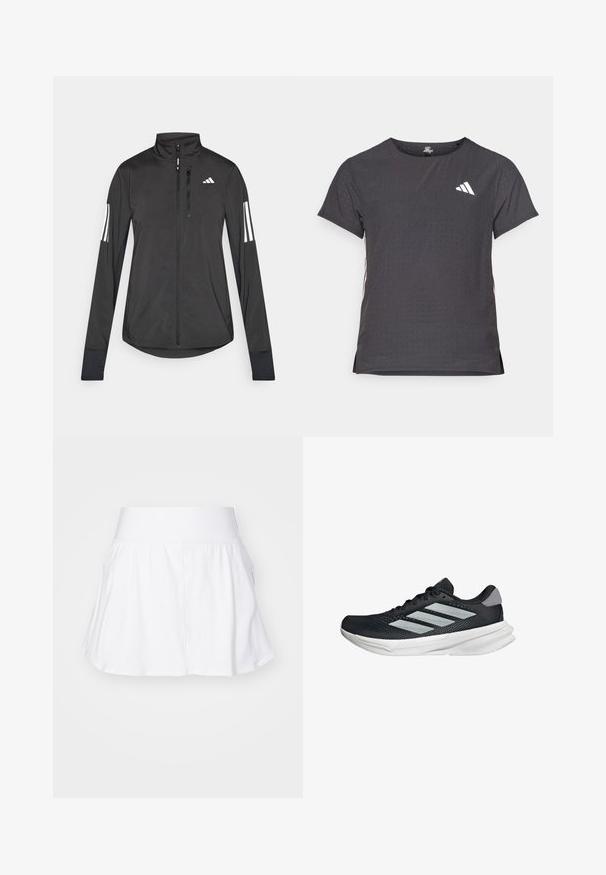 Black athletic jacket made of lightweight material. Features a front zipper, high collar, and three white stripes on each sleeve.; Short-sleeve athletic t-shirt, dark gray with perforated texture. Features a white logo and contrasting side stripes. Rounded neckline.; White athletic skort with a fitted waistband, flared design, and side pockets. Made from lightweight, stretchy fabric for ease of movement.; Black running shoe with mesh upper, three silver stripes, white midsole, and textured outsole. Features padded collar and lace closure.
