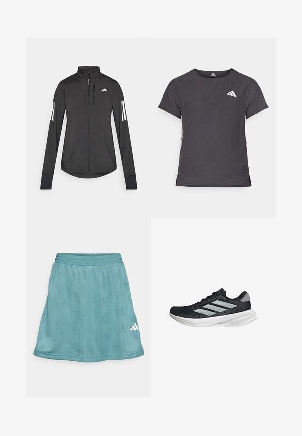 Chaqueta deportiva negra hecha de material ligero. Cuenta con una cremallera frontal, un cuello alto y tres franjas blancas en cada manga.; Camiseta atlética de manga corta, gris oscuro con textura perforada. Presenta un logo blanco y rayas laterales en contraste. Escote redondeado.; Falda atlética en color aqua con un patrón texturizado, cinturilla elástica y logo blanco de Adidas en la esquina inferior derecha. Tejido suave, con longitud por encima de la rodilla.; Zapatilla de correr negra con parte superior de malla, tres franjas plateadas, media suela blanca y suela texturizada. Incluye un cuello acolchado y cierre de cordones.