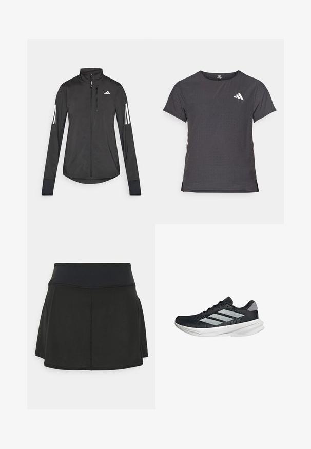 Zwarte sportjack gemaakt van lichtgewicht materiaal. Voorzien van een ritssluiting aan de voorkant, hoge kraag en drie witte strepen op elke mouw.; Korte mouwen sport t-shirt, donkergrijs met geperforeerde textuur. Bevat een wit logo en contrasterende zijstrepen. Ronde halslijn.; Zwarte sportieve skort met een brede elastische tailleband, textuurstof en een uitlopende ontwerp met splitzijden voor gemakkelijke beweging.; Zwarte hardloopschoen met een mesh bovenzijde, drie zilveren strepen, witte middenzool en een gestructureerde loopzool. Heeft een gevoerde kraag en een vetersluiting.