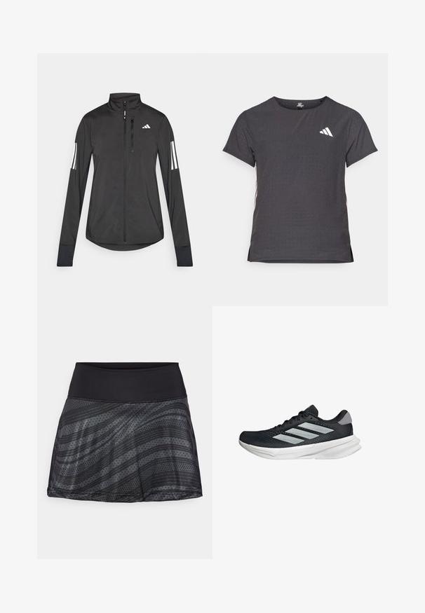 Schwarze Sportjacke aus leichtem Material. Mit einem Frontreißverschluss, hohem Kragen und drei weißen Streifen an jedem Ärmel.; Kurze Ärmel Sport-T-Shirt, dunkelgrau mit durchbrochener Textur. Enthält ein weißes Logo und kontrastierende Seitenstreifen. Runder Ausschnitt.; Schwarzer Sportrock mit breitem Bund, der ein strukturierte Muster aus Streifen und Punkten auf dem Stoff aufweist, aus atmungsaktivem Material gefertigt.; Schwarzer Laufschuh mit Mesh-Obermaterial, drei silbernen Streifen, weißer Zwischensohle und strukturiertem Außensohle. Verfügt über einen gepolsterten Schaft und eine Schnürung.
