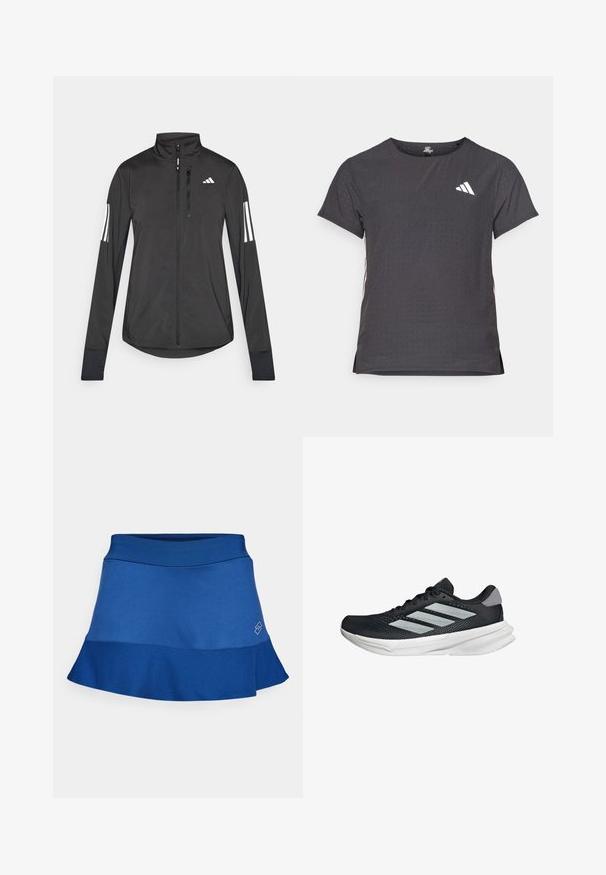 Black athletic jacket made of lightweight material. Features a front zipper, high collar, and three white stripes on each sleeve.; Short-sleeve athletic t-shirt, dark gray with perforated texture. Features a white logo and contrasting side stripes. Rounded neckline.; Blue athletic skirt with a fitted waistband and flared hem. Made from smooth, lightweight fabric featuring a subtle logo detail.; Black running shoe with mesh upper, three silver stripes, white midsole, and textured outsole. Features padded collar and lace closure.
