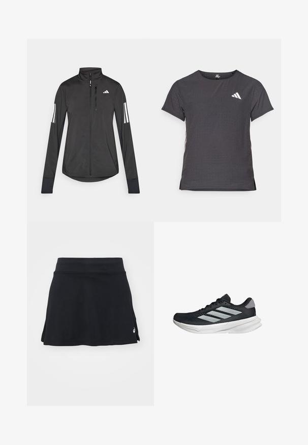 Musta urheilutakki, joka on valmistettu kevyestä materiaalista. Ominaisuuksiin kuuluu etuvetoketju, korkea kaulus ja kolme valkoista raitaa joka hihassa.; Lyhythihainen urheilupaita, tummanharmaa, jossa on reikäkudot. Ominaisuuksina valkoinen logo ja kontrastiväriset sivusuunnat. Pyöreä pääntie.; Musta urheiluhame, jossa on tiukka vyötärö ja levenevä helma. Valmistettu joustavasta materiaalista, ja siinä on huomaamaton logo sivussa.; Musta juoksukenkä, jossa on verkko-osa ylhäällä, kolme hopeista raitaa, valkoinen välipohja ja teksturoitu pohja. Varustettu pehmustetulla nilkkaremmeillä ja nauhakiinnityksellä.