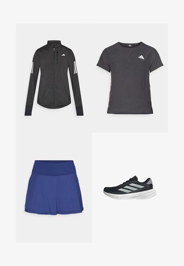 Black athletic jacket made of lightweight material. Features a front zipper, high collar, and three white stripes on each sleeve.; Short-sleeve athletic t-shirt, dark gray with perforated texture. Features a white logo and contrasting side stripes. Rounded neckline.; Blue athletic skort made from breathable fabric, featuring a smooth waistband, layered design, and a slight A-line shape. Textured surface detail.; Black running shoe with mesh upper, three silver stripes, white midsole, and textured outsole. Features padded collar and lace closure.