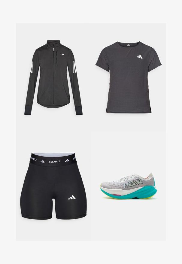 Veste de sport noire en matériau léger. Dotée d'une fermeture éclair sur le devant, d'un col haut et de trois rayures blanches sur chaque manche.; T-shirt de sport à manches courtes, gris foncé avec une texture perforée. Présente un logo blanc et des rayures latérales contrastantes. Encolure arrondie.; Shorts noirs en tissu extensible avec un design ajusté. Dotés d'une large ceinture noire portant l'étiquette "TECHFIT" et d'un logo blanc sur la jambe.; Chaussures de course avec un dessus en mesh respirant blanc et gris, semelle turquoise vif et branding HOKA. Présentent un design rembourré avec des accents.