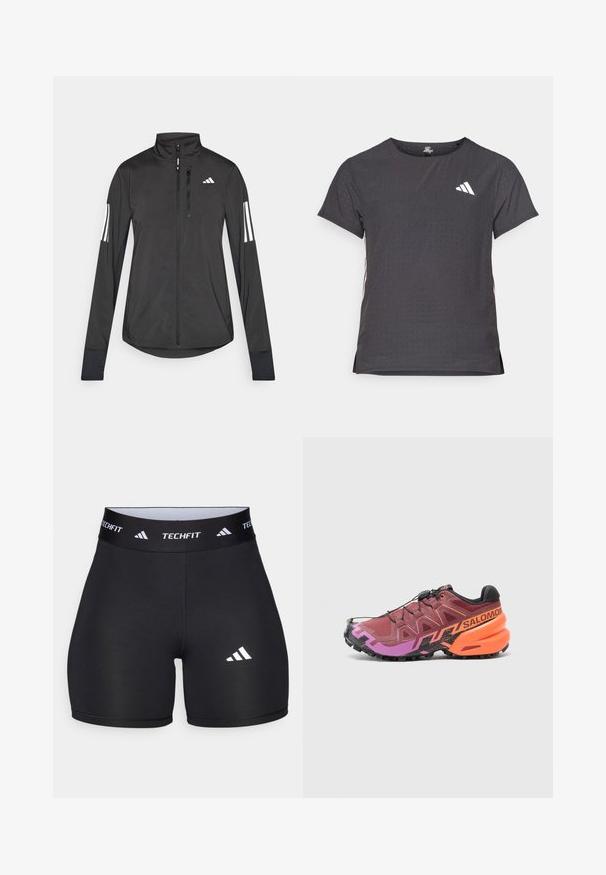 Zwarte sportjack gemaakt van lichtgewicht materiaal. Voorzien van een ritssluiting aan de voorkant, hoge kraag en drie witte strepen op elke mouw.; Korte mouwen sport t-shirt, donkergrijs met geperforeerde textuur. Bevat een wit logo en contrasterende zijstrepen. Ronde halslijn.; Zwarte shorts van rekbaar materiaal met een getailleerd ontwerp. Beschikt over een brede zwarte tailleband met het label "TECHFIT" en een wit logo op het been.; Trailrun-schoen met een bordeauxrood, paars en zwart ontwerp, een gestructureerde bovenkant en opvallende oranje accenten op de hiel.