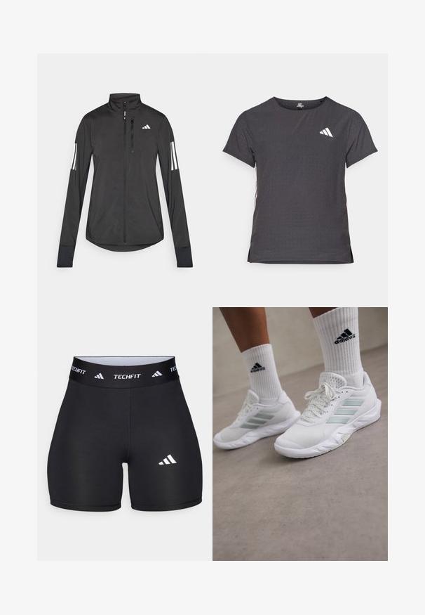 Črna športna jakna iz lahkega materiala. Ima sprednji zadrgo, visok ovratnik in tri bele črte na vsaki rokavi.; Kratka športna majica s kratkimi rokavi, temno siva z perforirano teksturo. Ima bel logotip in kontrastne stranske črte. Okrogel ovratnik.; Črne kratke hlače iz elastične tkanine s prilegajočim dizajnom. Imajo širok črn pas z oznako "TECHFIT" in belo logo na nogi.; Bela atletska obuća z mrežastim gornjim delom i svetlozelenim akcentima, sa dizajnom tri pruge i gumenim đonom. Uparena sa belim čarapama do članaka.