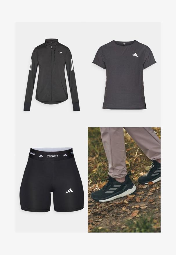 Must mustriga mustrin, millel on esiküljel lukuga, kõrge krae ja igal varrukal kolm valget triipu.; Lühikese varrukaga sportlik T-särk, tumehall, perforatsiooni tekstuuriga. Omab valget logo ja kontrastset külgtriipu. Ümar kaelus.; Mustad mustad mustarid elastse materjaliga, millel on kehaümberpüüdmisel põhinev disain. Omab laia musta kummivöötlust, millel on kiri "TECHFIT" ja valge logo jalal.; Mustad mustad spordijalatsid heledate hallide triipudega, tekstuurse ülapinnaga, valge pehmendusega tallaga, seljas heledatest roosa pükstest, lehtedele kaetud pinnal.
