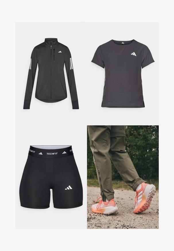 Giacchetto sportivo nero realizzato in materiale leggero. Presenta una chiusura frontale con zip, colletto alto e tre strisce bianche su ciascun manica.; T-shirt atletico a maniche corte, grigio scuro con texture perforata. Presenta un logo bianco e strisce laterali a contrasto. Girocollo.; Shorts neri realizzati in tessuto elastico con un design aderente. Presentano una larga fascia in vita nera etichettata "TECHFIT" e un logo bianco sulla gamba.; Scarpe sportive con un design a gradiente, principalmente in rosa e bianco, con suole testurizzate e lacci a contrasto, indossate con pantaloni verde oliva.